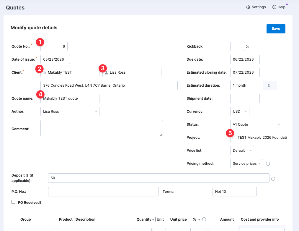 Scoro 'Modify quote details' form, with boxes 1 (Quote No.), 2 (Client), 3 (Contact), 4 (Quote name), and 5 (Project) called out.